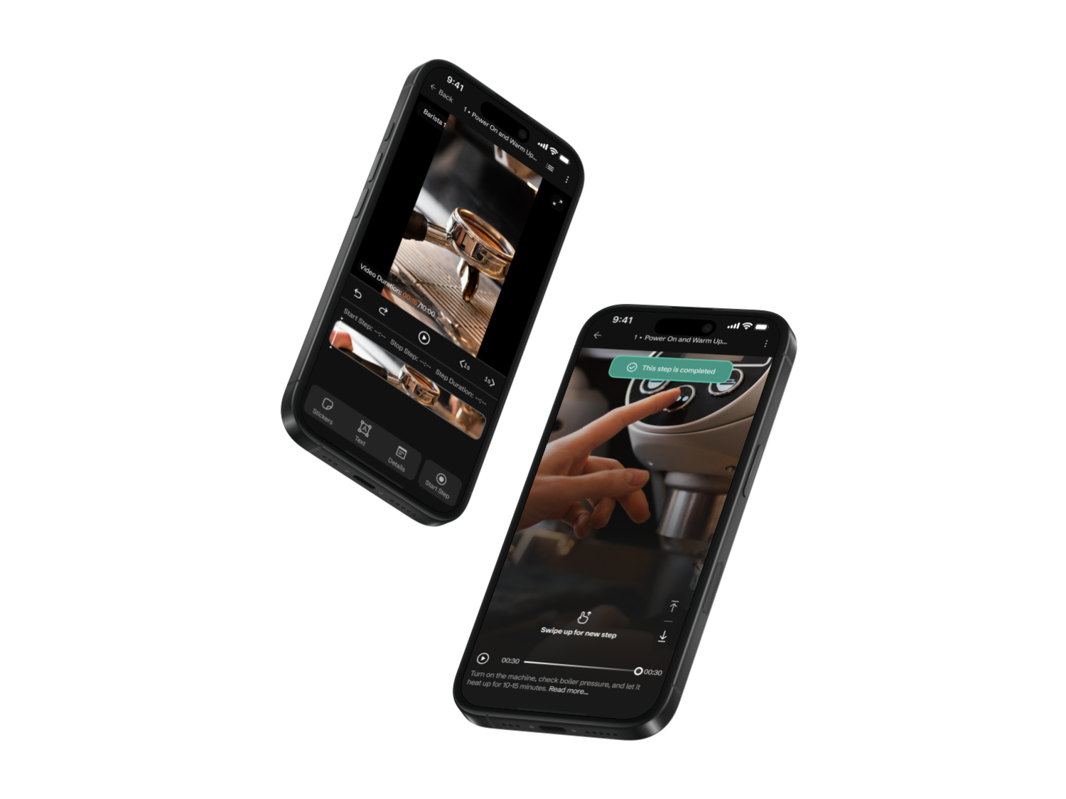 Flexlore Video SOP builder interface showing mobile app mockups for creating and viewing step-by-step work instructions